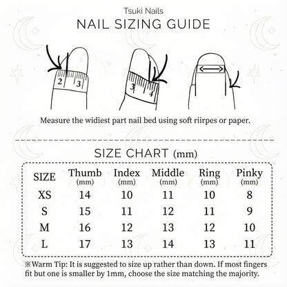 Tsuki Nails sizing guide chart showing measurements in mm for XS, S, M, L sizes