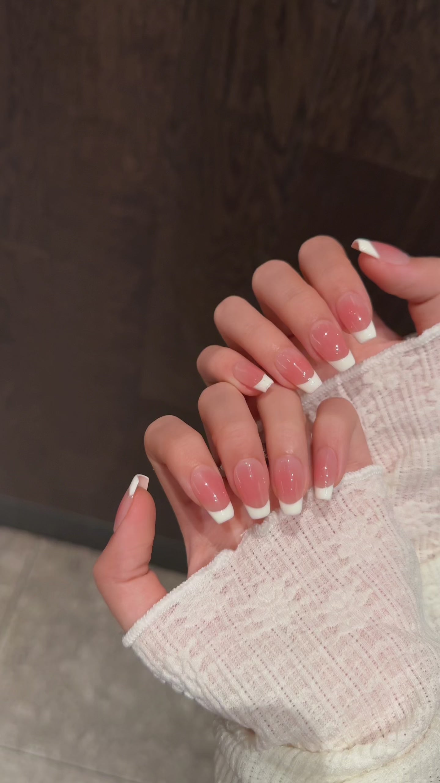 Everyday elegant manicure with Nude Glow French tip press on nails.

